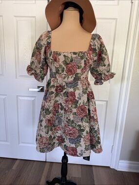 Floral Square Neck Puff Sleeve Dress - Pink & Green Tapestry dress